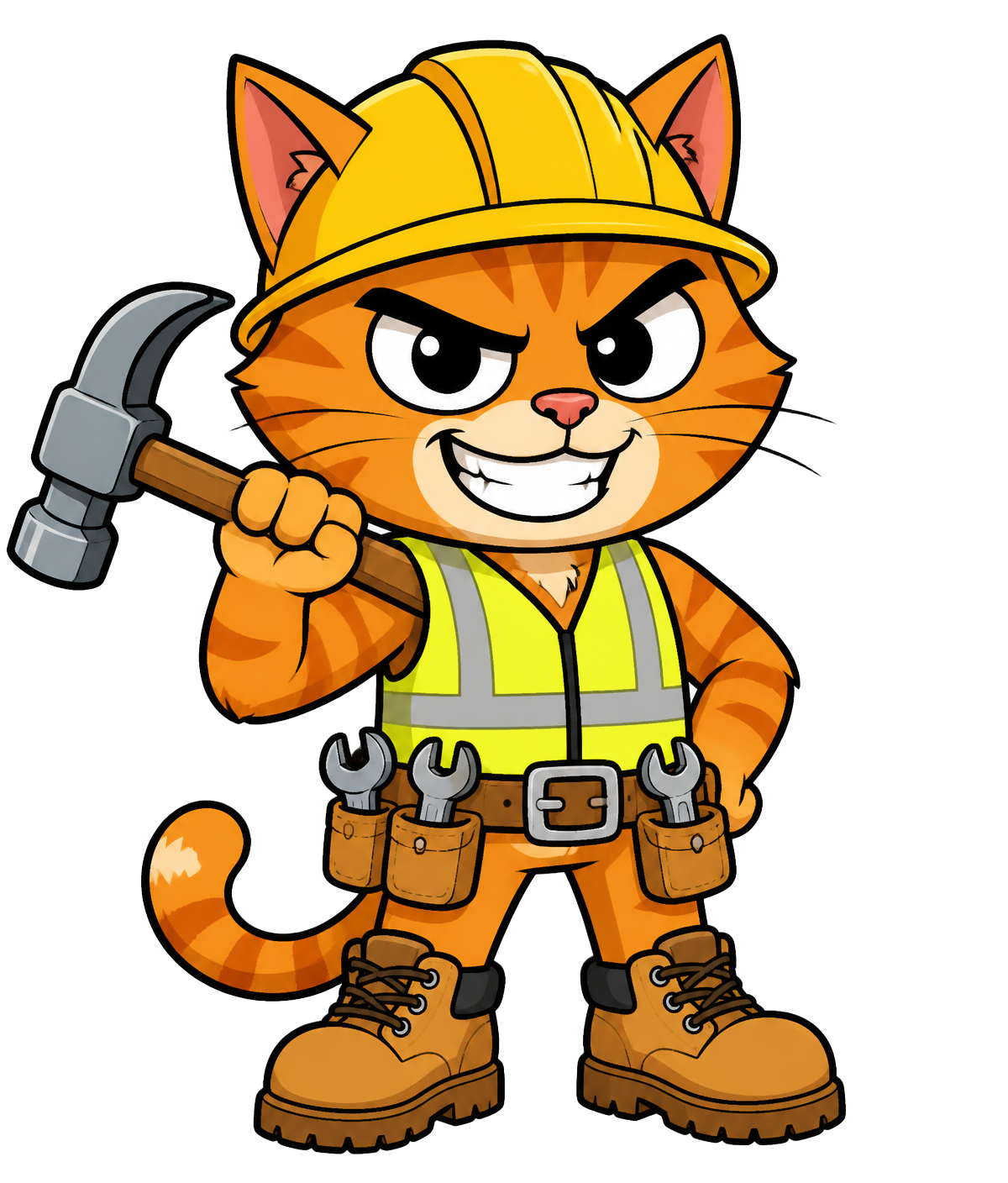 Cat The Builder mascot: cartoon cat in a yellow hard hat holding a hammer